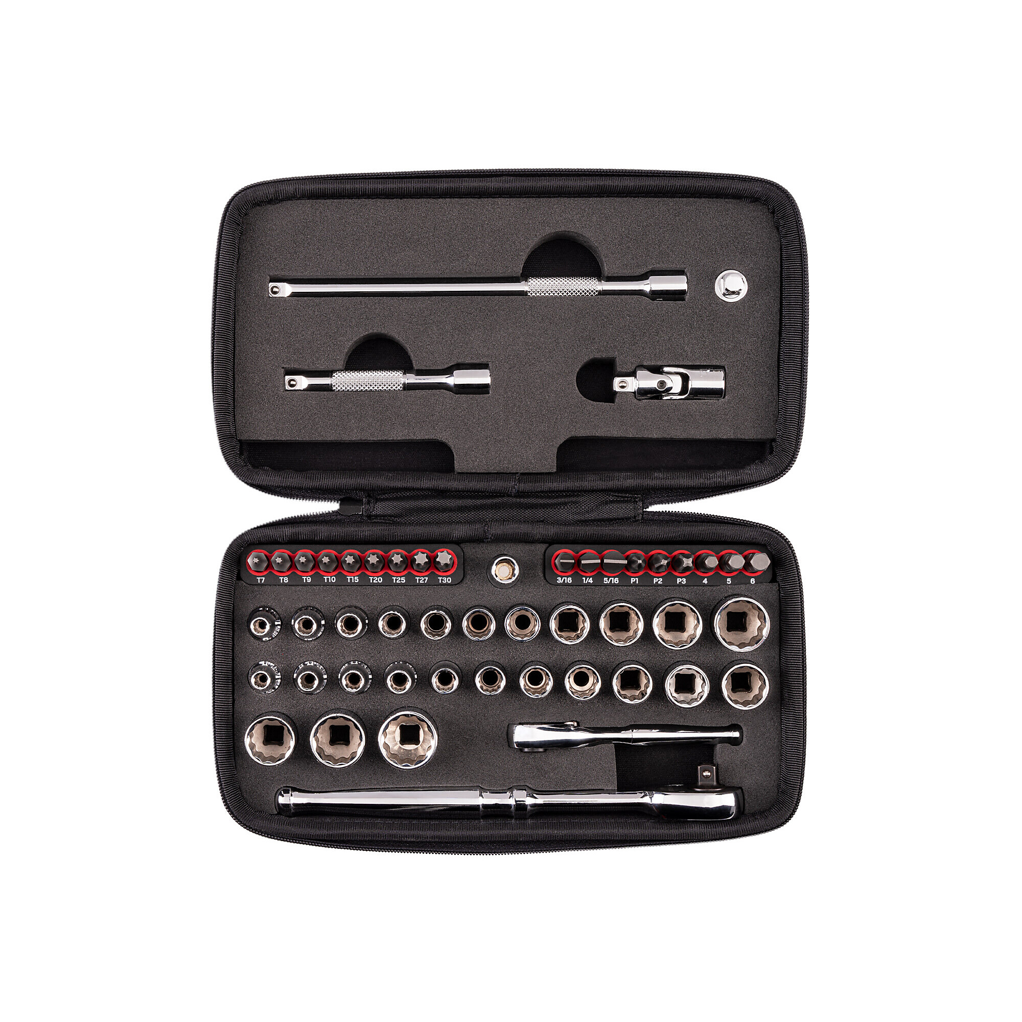 TEKTON 1/4 Inch Drive 12-Point Small Engine Shallow Socket, Bit, and Quick Release Ratchet Set with Case (50-Piece) | SKT07906